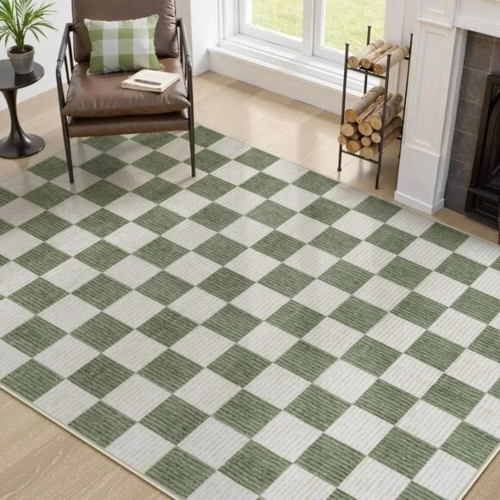 New 5x7 Green Checkered Area Rug, Washable Non-Slip Modern Carpet for Any Room